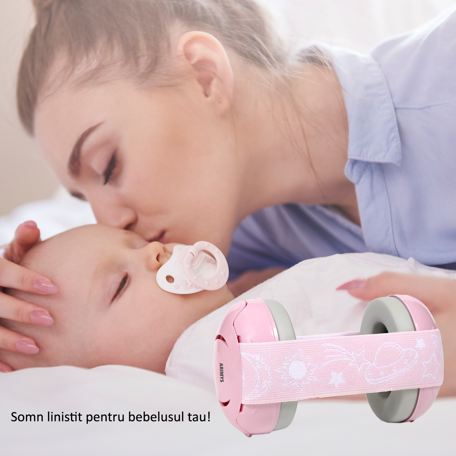 Casti antifonice bebelus fetita, roz cu gri