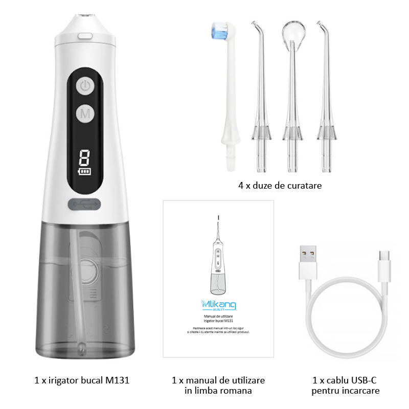 Continut pachet irigator bucal M131, 9 programe, 4 duze de curatare
